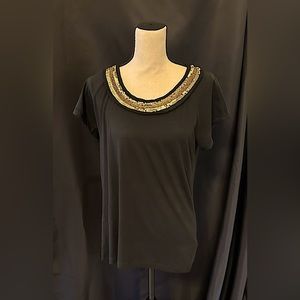 DKNY Donna Karan New York, Size Large (L) Black & Gold Sequin Embellished Top